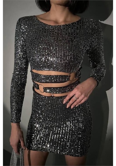 Dip Moda Kadın Gri Halka Detyalı Mini Pul Payet Elbise Dpnbdf106 Gri