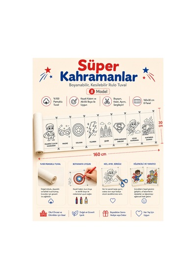 Boyanabilir Kesilebilir Rulo Tuval Süper Kahramanlar 8 Model Çocuk Boyama Seti 160x30 Cm