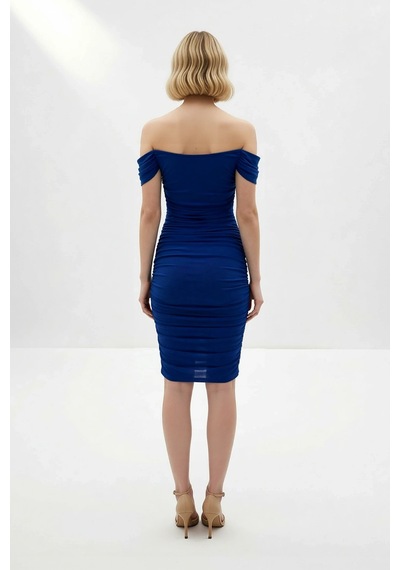 Benerly Kadın Carmen Yaka Düşük Kollu Bodycon Örme Midi Elbise Astarsız S Saks
