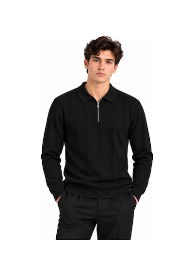 Erkek Fitilli Polo Yaka Fermuarlı Örme Triko Kazak 27151 Siyah-aw19