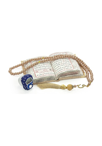Lacivert Taşlı Zikirmatik - Mini Kadife Yasin - İnci Tesbihli Hediyelik Set - Gold Renk