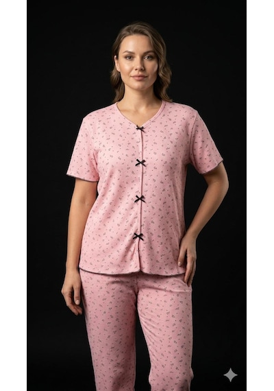 Sleeproom Yazlık Pembe Siyah Zeytin Dalı Desenli Kısa Kol Penye %100 Pamuk Pijama Takım