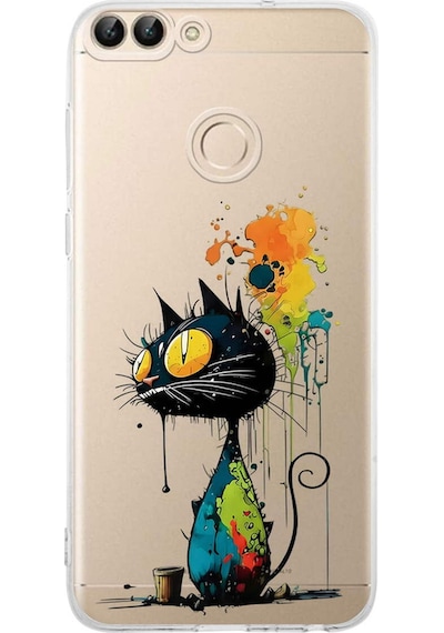 Huawei P Smart 2018 İle Uyumlu Splash Kedi Tasarımlı Şeffaf Silikon Kılıf Şeffaf