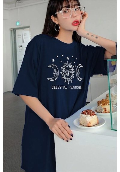 Unisex Sun Moon Ön Baskılı Oversize T-shirt Lacivert