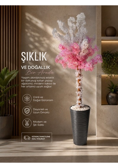 Lüks Dekoratif Yapay Bahar Dalı Ağacı - Antrasit Dalgalı Uzun Saksıda Pembe Beyaz Çiçekli 180 Cm Çok Renkli