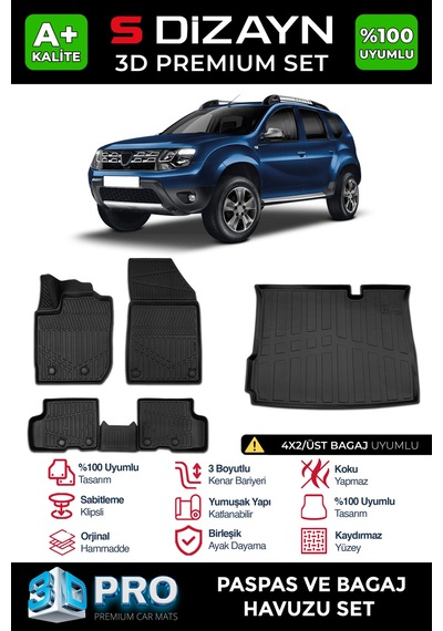 S-dizayn Dacia Duster 4x2 3d Pro Havuzlu Paspas Ve Üst Bagaj Havuzu Seti 2'li Set 2018-2022 A+ Kalite