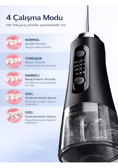 Ipx7 Ağız Duşu 320ml 5 Başlık 4 Mod 20-140 Psı Şarjlı Diş Temizleme Oral Irrigator Siyah