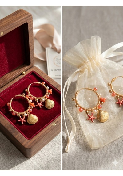 316l Paslanmaz Çelik Gold Renk Deniz Kabuğu Ve Yıldızı Detaylı El Yapımı Halka Küpe Altın