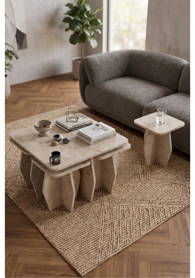 Orta Sehpa Ve Zigon Sehpa 5'li Set Modern Çok Amaçlı Salon Oturma Odası Yan Sehpa 9249 Traverten Ekru