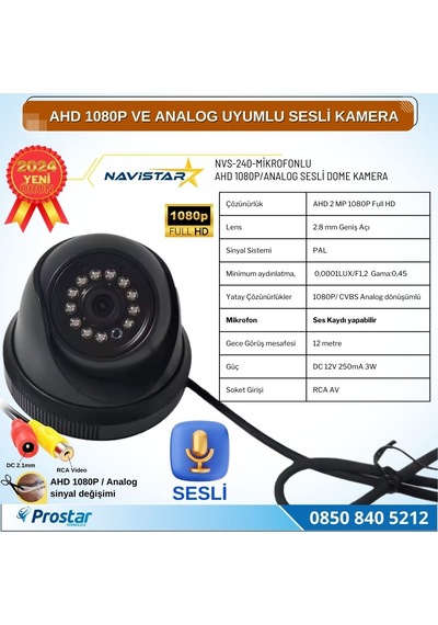 Mikrofonlu Ahd 1080p Ve Analog Pal Çevrilebilir Plastik Mini Dome Araç Kamerası