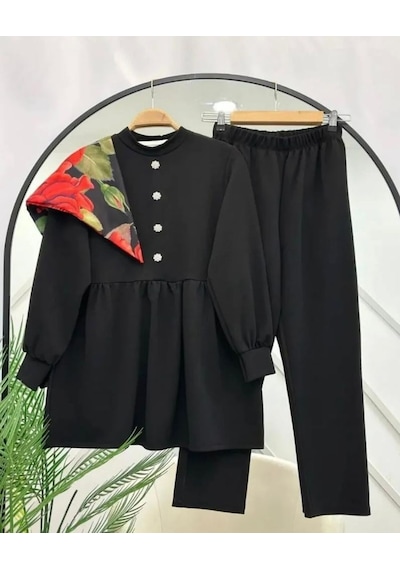 Lovie Moda Kadın Taş Düğmeli İkili Takım Siyah