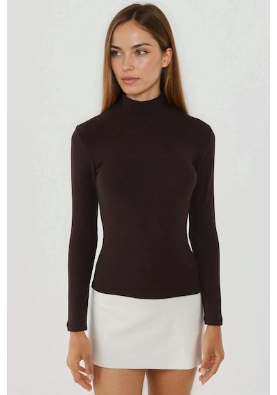 Hiccup Ultra Yumuşak Slim Fit Dik Yaka Örme Üst Koyu Mocha Kahve