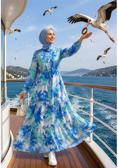 Hb Harma Time Butik Kadın Düğmeli Desenli Modal Kumaş Mavi Elbise Mavi Mavi