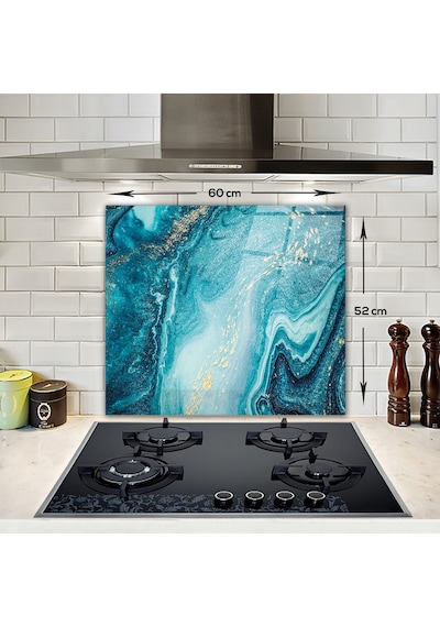 Cam Ocak Arkası Koruyucu Gold Detaylı Turkuaz Desen 52cm X 60