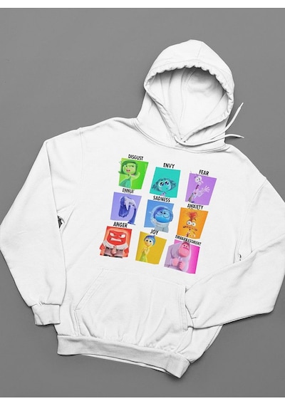 Çizgi Film Ters Yüz Baskılı Unisex Oversize Insiide Out Hoodie Beyaz