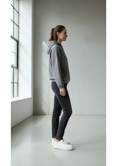 Oversize Kanguru Cepli Kapüşonlu Sweatshirt Füme