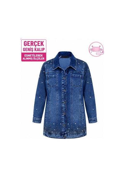 Büyük Beden Yakalı Taş Detaylı Cepli Kadın Denim Ceket Mavi