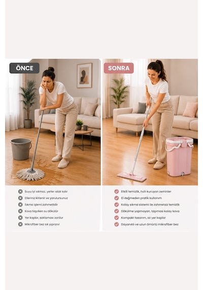 Kovalı Mikrofiber Mop Temizlik Seti + Hediye 4'lü Yedek Mikrofiber Bez Vp-500-611