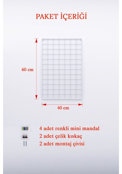 40x60 Metal Fotoğraf Askısı Tel Pano Beyaz 4 Adet Mini Mandal 2 Adet Kıskaç Hediyelidir.