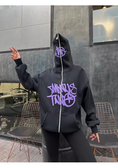 Paradise Oversize Zip-up Graffiti Hoodie - Full Face Zip Gri
