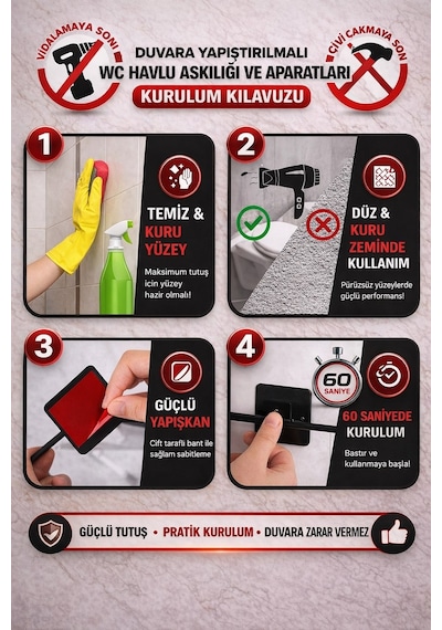 Yapışkanlı Uzun Havluluk Havlu Asacağı Krom 101-K