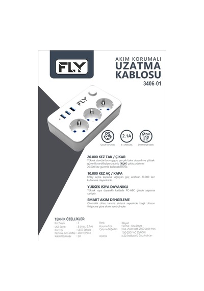 Fly 3406-01 3 Soket 3 Usb Akım Korumalı Priz 2.1a Anahtarlı 2mt Kablo Beyaz 1923 1.9 M