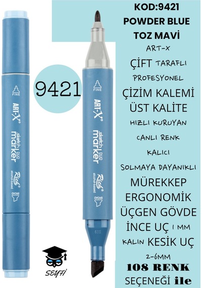 Çift Taraflı Profesyonel Çizim Kalemi Kalıcı Mürekkep Üçgen Gövde İnce Uç 1 Mm Kesik Uç 2-6mm Sketch 9421-toz Mavi