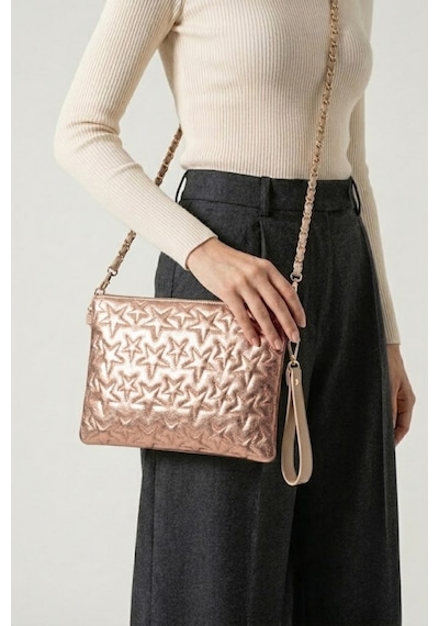 Gl-003 Yıldız Dikişli Kadın El Çantası Clutch Çanta Omuz Çantası Çapraz Çanta Pörtföy Çanta Bakır