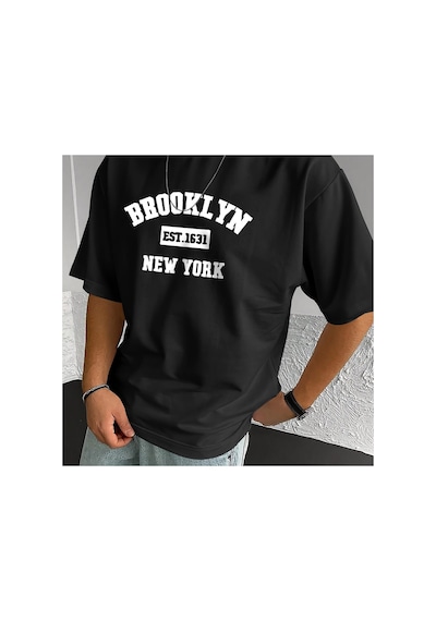 Caddemia Yaz  Moda Rahat Gevşek Spor Brooklyn Desen Baskılı Yuvarlak Boyun Kısa Siyah 2XL