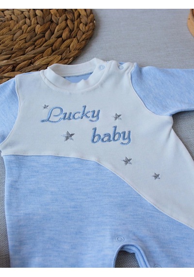 Veraura Lifestyle 0-3 3-6 Ay Lucky Baby Nakışlı Es Çizgi Boy Şapkalı Erkek Bebek Tulumu Mavi