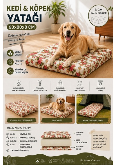 Kedi Köpek Yatağı Süngerli Fermuarlı Yıkanabilir Kılıflı Köpek Minderi 60x80x8 Cm-ingiliz Gülü