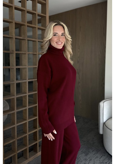 Laluvia Bordo Boğazlı Fitilli Triko Takım - 4671 Bordo