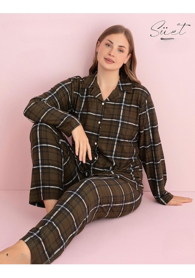 Pijamerry Kadın Büyük Beden Gömlek Yaka Süet Uzun Kol Pijama Takımı 5272- 1 Adet 001