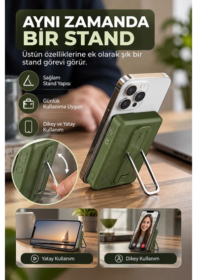 Exenar - Yeşil - 10000mah Standlı Pd20w Type-c - Usb-a Scp22.5w - 15w Kablosuz Hızlı Şarj Led Göstergeli Powerbank Haki Yeşil Exenar - Yeşil - 10000mah Standlı Pd20w Type-c - Usb-a Scp22.5w - 15w Kablosuz Hızlı Şarj Led Göstergeli Powerbank Haki Yeşil