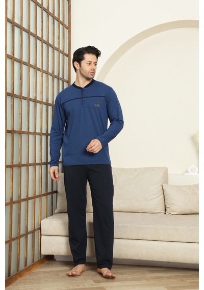 Enisena Erkek %100 Pamuklu Pijama Takımı-robalı Ve 3 Düğmeli-12489 İndigo