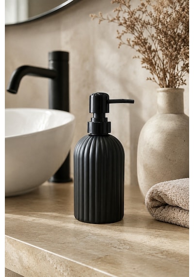 Vovy Çizgili Cam Sabunluk 500 Ml Siyah Pompalı Modern Sıvı Sabun Ve Deterjan Dispenseri - 18,5 Cm X 7 Cm
