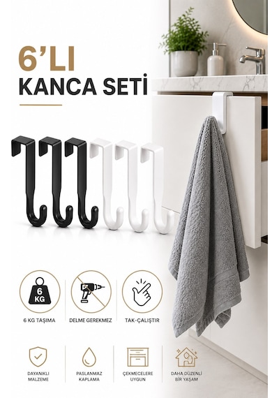 Sas Haus Kapı Üstü Askılık 6'lı Plastik Kanca Seti Havlu Bornoz Çanta Askısı Siyah Beyaz S-161 Krom