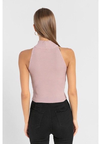 Miss Poem Kadın Kolsuz Slim Fit Boğazlı Fitilli Kısa Antrasit Triko Crop Pudra