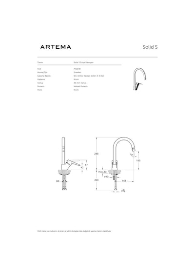 Artema Solid S Mafsallı Mutfak-Eviye Bataryası A42148 Oynar Başlı