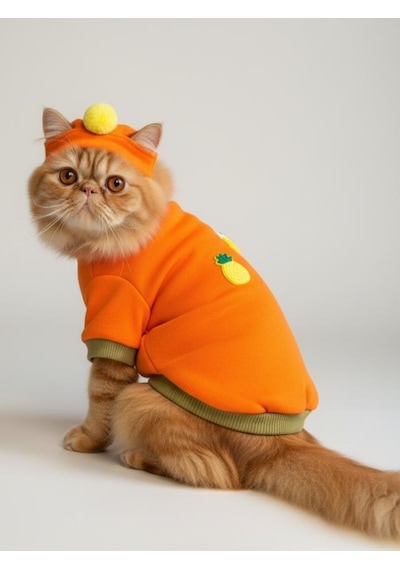 Kemique Pineapple And Ice Cream Turuncu Haki Kedi Polar Sweatshirt Ve Bere Takım Kedi Kıyafeti