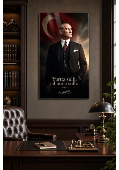 Atatürk Ve Türk Bayrağı Baskılı Cam Tablo Yurtta Sulh Uv Dekoratif Duvar Tablosu