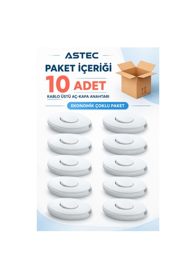 Astec Kaliteli Ara Puar Anahtar Beyaz Kablo Üstü Aç Kapa Düğmesi 10 Adet Ovel