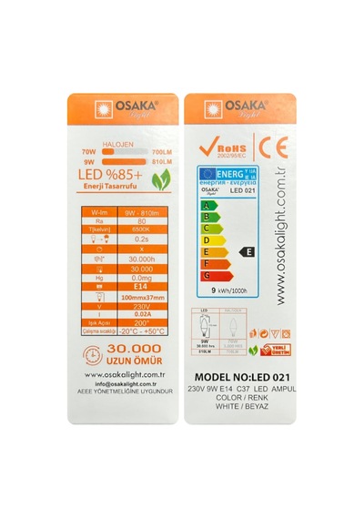 9w 70w Beyaz Işık 6500k E14 Led Mum Ampul, 2 Adet Diğer