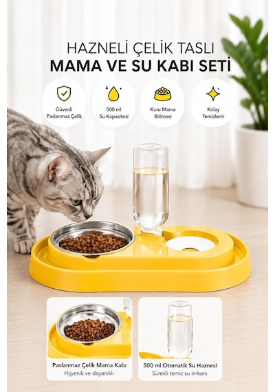 Tr Hazneli Kedi-köpek Mama Ve Su Kabı Seti 500ml Sarı