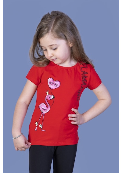 Toontoy Kids Toontoy Kız Çocuk Flamingo Desenli Taş İşlemeli Baskılı Tişört Kırmızı