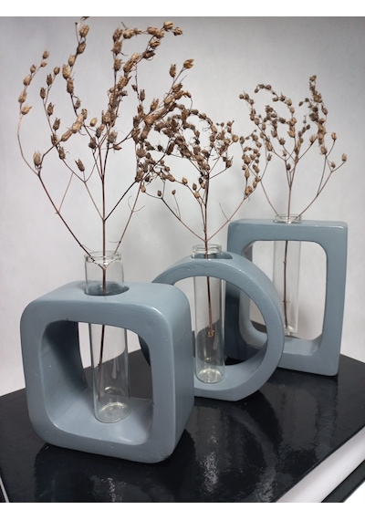 Modern Sanat Esintili, Dikdörtgen-kare-yuvarlak Formlu, Cam Tüplü Dekoratif 3'lü Vazo Set Gri