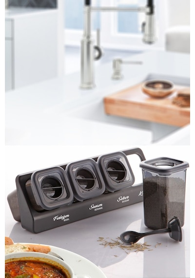Kitchen Life 8'li Etiketli Standlı Kilitli Kaşıklı Kendinden Yapışkanlı Kare Baharatlık Takımı - Erzak Kabı Seti Siyah