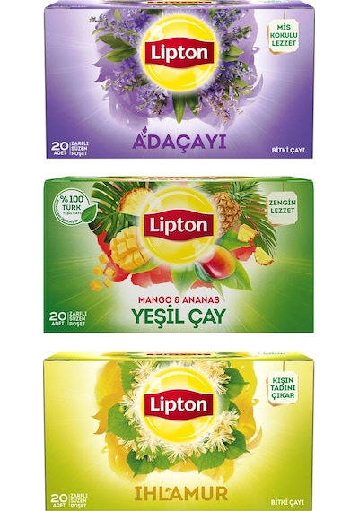 Lipton Bitki Çayı 20 Li Adaçayı-ıhlamur-yeşil Çay Mango Ananas 3 Lü Set
