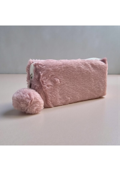 Elegance Peluş Ponponlu Pudra Rengi Kalem Çantası Çok Renkli