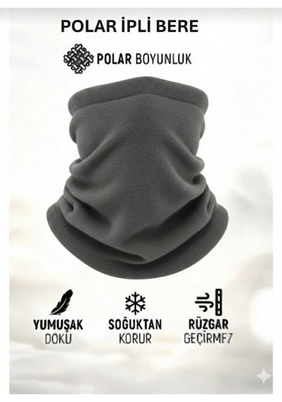 Qulothes Termal Polar Soğuk Geçirmez Bere & Boyunluk Unisex Pamuklu Kışlık Ayarlanabilir İpli Bere Gri